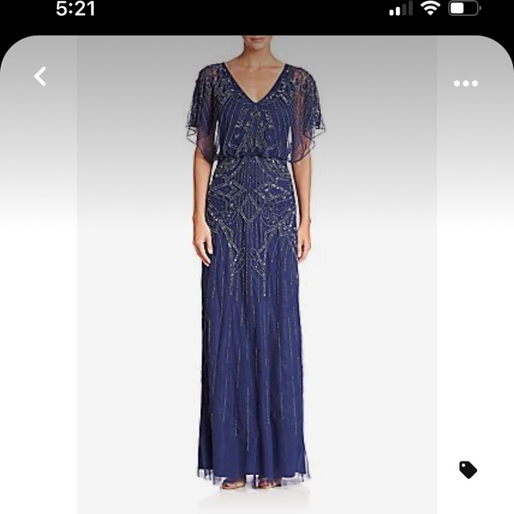 Aidan Matrix Gold Beaded Flutter Sleeve V Neck Gown - Picture 6 of 6